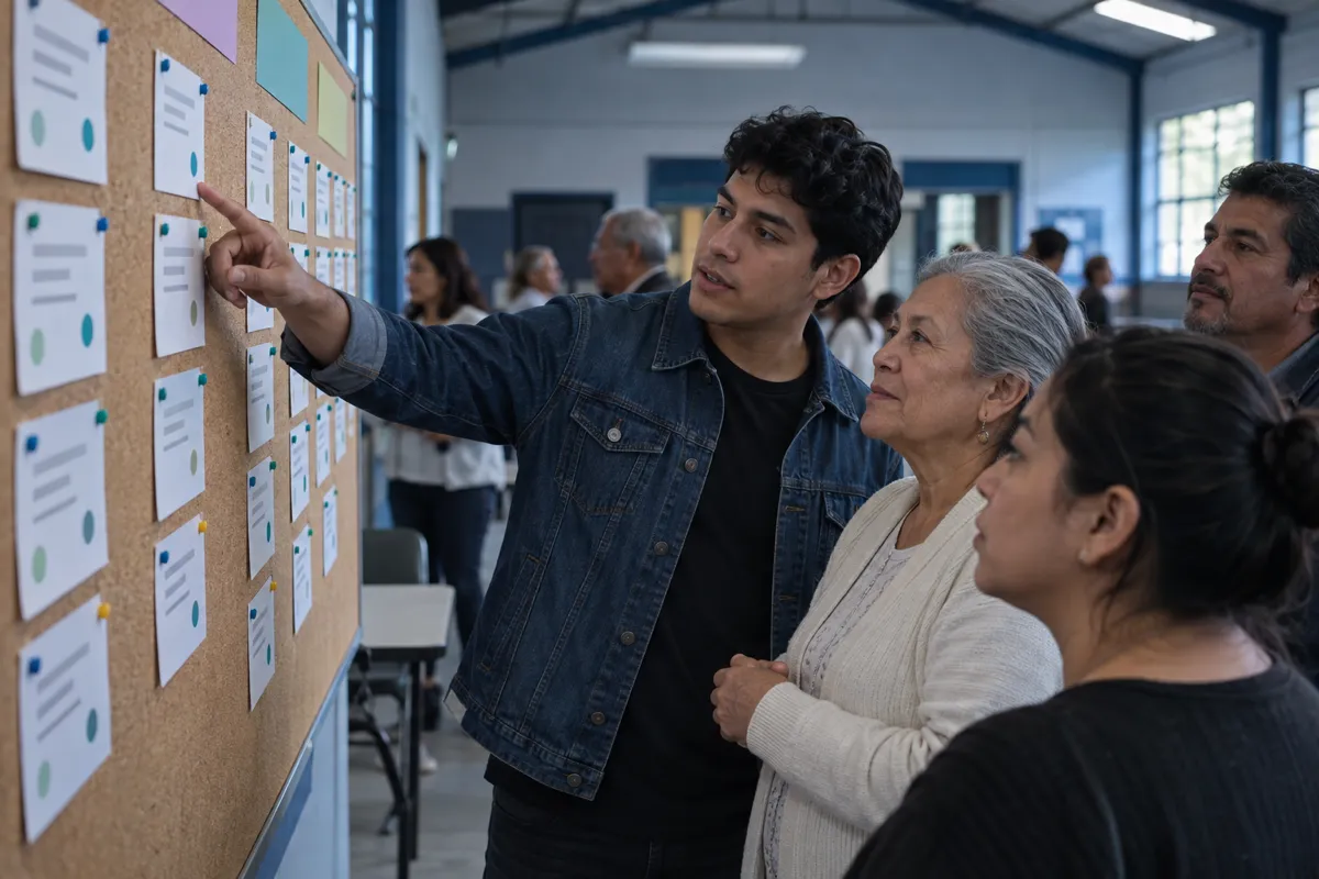 Vecinos revisan en un salón comunitario un tablero con compromisos organizados por columnas