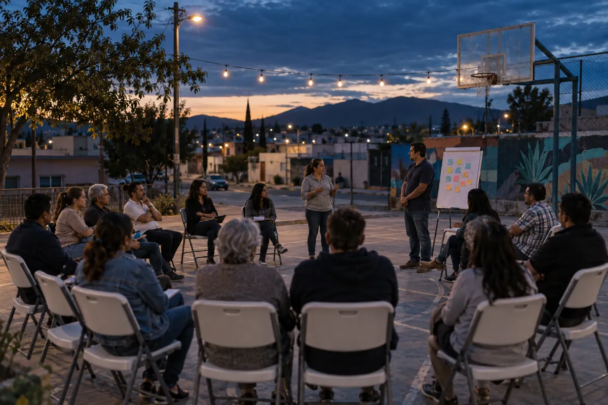 Asamblea vecinal al atardecer en una cancha, con vecinos sentados en semicírculo