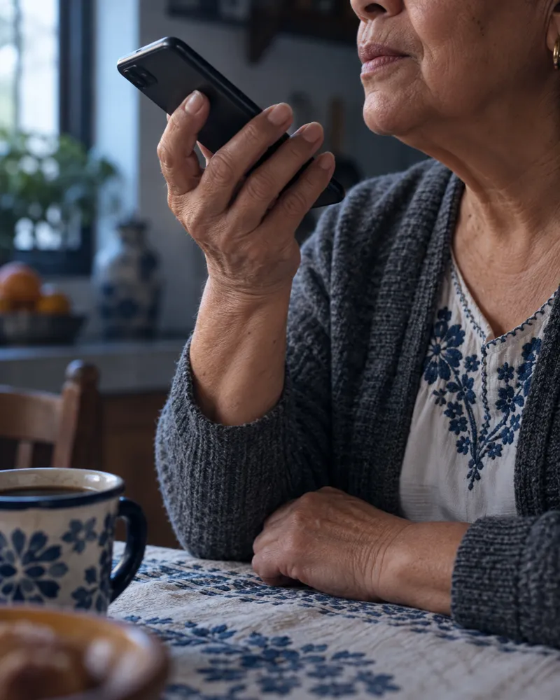 Manos de una señora sosteniendo un celular mientras graba una nota de voz en la mesa de su cocina