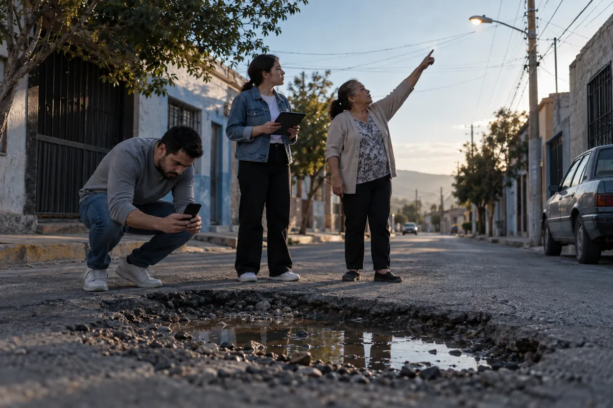 Recorrido en una colonia: una vecina señala una luminaria apagada mientras un voluntario fotografía un bache
